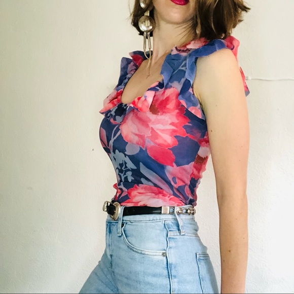 🔥SOLD🔥SWEET PEA Blue Pink Floral Printed Ruffle Tank Top - Picture 2 of 8